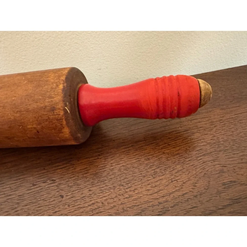 Antique Wood Rolling Pin Painted Red Handles 17.5